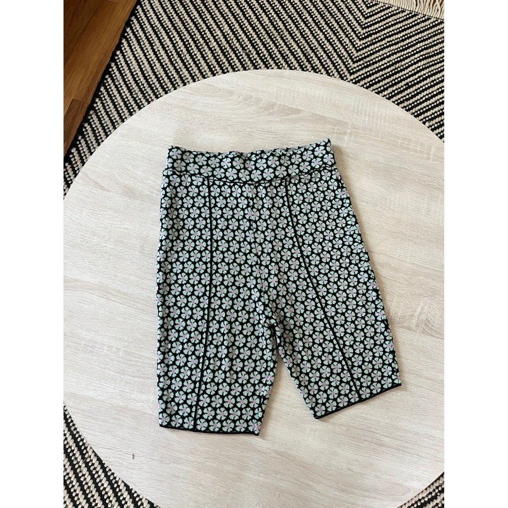 Mango MNG Floral Knit Biker Shorts Mint Green Lavender Black Size S High Waist